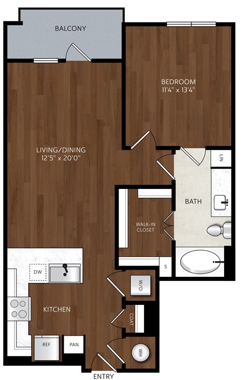 Floor plan for 1 bed, 1 bath, 749 sqft